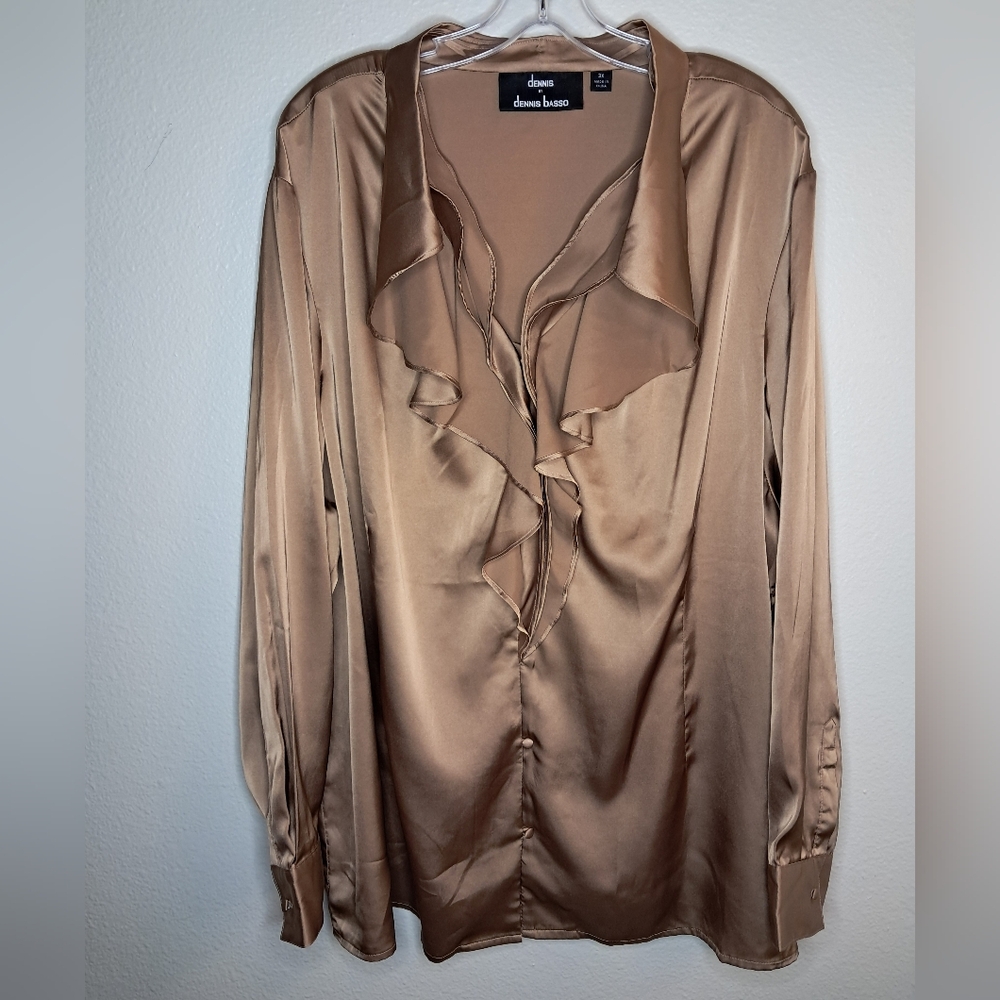 Dennis Basso Gold Ruffled Long Sleeve Blouse